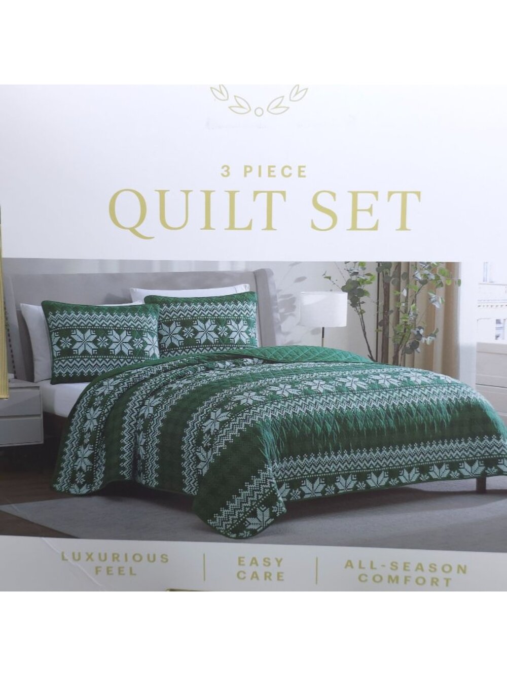 Lenox 3-Piece King Quilt Set Luxurious Feel Easy Care Green Fair Isle Holiday